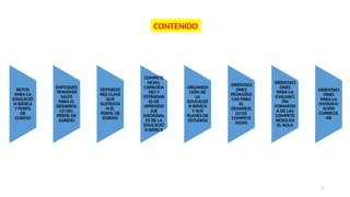 3
RETOS
PARA LA
EDUCACIÓ
N BÁSICA
Y PERFIL
DE
EGRESO
ENFOQUES
TRANSVER
SALES
PARA EL
DESARROL
LO DEL
PERFIL DE
EGRESO
DEFINICIO
NES CLAVE
QUE
SUSTENTA
N EL
PERFIL DE
EGRESO
COMPETE
NCIAS,
CAPACIDA
DES Y
ESTÁNDAR
ES DE
APRENDIZ
AJE
NACIONAL
ES DE LA
EDUCACIÓ
N BÁSICA
ORGANIZA
CIÓN DE
LA
EDUCACIÓ
N BÁSICA
Y SUS
PLANES DE
ESTUDIOS
ORIENTACI
ONES
PEDAGÓGI
CAS PARA
EL
DESARROL
LO DE
COMPETE
NCIAS
ORIENTACI
ONES
PARA LA
EVALUACI
ÓN
FORMATIV
A DE LAS
COMPETE
NCIAS EN
EL AULA
ORIENTACI
ONES
PARA LA
DIVERSIFIC
ACIÓN
CURRICUL
AR
CONTENIDO
 