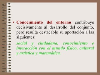 Conocimiento del entorno  contribuye decisivamente al desarrollo del conjunto, pero resulta destacable su aportación a las siguientes:  social y ciudadana, conocimiento e interacción con el mundo físico, cultural y artística y matemática. 