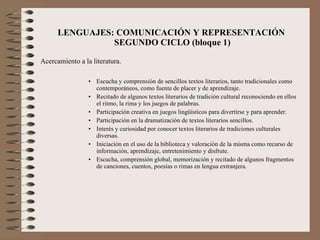 LENGUAJES: COMUNICACIÓN Y REPRESENTACIÓN  SEGUNDO CICLO (bloque 1) Acercamiento a la literatura.   Escucha y comprensión de sencillos textos literarios, tanto tradicionales como contemporáneos, como fuente de placer y de aprendizaje.  Recitado de algunos textos literarios de tradición cultural reconociendo en ellos el ritmo, la rima y los juegos de palabras. Participación creativa en juegos lingüísticos para divertirse y para aprender. Participación en la dramatización de textos literarios sencillos. Interés y curiosidad por conocer textos literarios de tradiciones culturales diversas. Iniciación en el uso de la biblioteca y valoración de la misma como recurso de información, aprendizaje, entretenimiento y disfrute.  Escucha, comprensión global, memorización y recitado de algunos fragmentos de canciones, cuentos, poesías o rimas en lengua extranjera. 