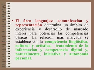 El área lenguajes: comunicación y representación   determina un ámbito de experiencia y desarrollo de marcado interés para potenciar las competencias básicas. La relación más marcada se establece con la  competencia lingüística, cultural y artística,  tratamiento de la información y competencia digital y, naturalmente, iniciativa y autonomía personal.   