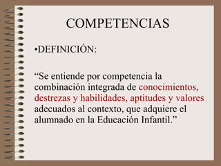 COMPETENCIAS DEFINICIÓN: “ Se entiende por competencia la combinación integrada de  conocimientos, destrezas y habilidades, aptitudes y valores  adecuados al contexto, que adquiere el alumnado en la Educación Infantil.”  