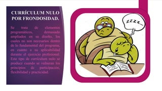 CURRÍCULUM NULO
POR FRONDOSIDAD.
Se trata de elementos
programáticos, demasiado
ampliados en su diseño, los
cuales no son necesarios dentro
de lo fundamental del programa,
en cuanto a su aplicabilidad
durante el ejercicio profesional.
Este tipo de currículum nulo se
produce cuando se vulneran los
principios de participación,
flexibilidad y practicidad.
 