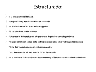 Estructurado:
•

I: El curriculum y la ideología

•

II: Legitimación y discurso científico en educación

•

III: Prácticas tecnocráticas en la escuela y poder

•

IV: Las teorías de la reproducción

•

V: Las teorías de la producción y la posibilidad de prácticas contrahegemónicas

•

VI: La discriminación sexista en las instituciones escolares: niños visibles y niñas invisibles

•

VIl: La discriminación racista en el sistema educativo

•

VIII: La descualificación y recualificación del profesorado

•

IX: El curriculum y la educación de los ciudadanos y ciudadanas en una sociedad democrática

 