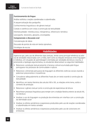 98
Língua
Portuguesa Currículo do Estado de São Paulo
4º-Bimestre
Funcionamento da língua
Análise estilística: orações coordenadas e subordinadas
A sequencialização dos parágrafos
Conhecimentos linguísticos e de gênero textual
Coesão e coerência com vistas à construção da textualidade
Intertextualidade: interdiscursiva, intergenérica, referencial e temática
Lexicografia: dicionário, glossário, enciclopédia
Compreensão e discussão oral
Concatenação de ideias
Discussão de pontos de vista em textos opinativos
Estratégias de escuta
Habilidades
Espera-se que, pelo uso de diferentes tipos textuais, tendo como principal referência as esfe-
ras de atividades relacionadas com a mídia, bem como as relações temporais entre linguagem
e indivíduo, em situações de aprendizagem orientadas por atividades de leitura e escrita, e
priorizando a tipologia argumentativa, os estudantes desenvolvam as seguintes habilidades:
•	 Relacionar a produção textual presente à herança cultural acumulada pela língua
portuguesa nos processos de continuidade e ruptura
•	 Relacionar a dimensão persuasiva da linguagem às diferentes vivências sociais visando a
polemizar preconceitos e incoerências
•	 Concatenar adequadamente as diferentes frases de um texto visando à construção da
textualidade
•	 Identificar, em textos literários dos séculos XIX e XX, as relações entre tema, estilo e
contexto de produção
•	 Relacionar o gênero textual conto à construção de expectativas de leitura
•	 Reconhecer processos linguísticos para romper com a tradição literária anterior ao século XX,
na Literatura
•	 Analisar o uso da linguagem na produção de entrevistas em interface com a construção
da identidade social
•	 Analisar os efeitos semânticos e expressivos produzidos pelo uso de orações coordenadas
e subordinadas em textos variados
•	 Analisar os efeitos semânticos e expressivos produzidos pelo uso de conectores em
entrevistas
 