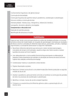 102
Língua
Portuguesa Currículo do Estado de São Paulo
2º-Bimestre
Conhecimentos linguísticos e de gênero textual
Construção da textualidade
Construção linguística da superfície textual: paralelismos, coordenação e subordinação
Estrutura sintática e construção da tese
Intertextualidade: interdiscursiva, intergenérica, referencial e temática
Lexicografia: dicionário, glossário, enciclopédia
Compreensão e discussão oral
Expressão de opiniões pessoais
Identificação de estruturas e funções
Habilidades
Espera-se que, tendo como principal referência a esfera de atividade profissões e o conceito
semiótico-cultural de modernidade, em situações de aprendizagem orientadas por atividades
de leitura e escrita e centradas em diferentes tipos textuais, priorizando, contudo, a tipologia
argumentativa, os estudantes desenvolvam as seguintes habilidades:
•	 Reconhecer diferentes elementos que estruturam o texto narrativo (personagens,
marcadores de tempo e de localização, sequência lógica dos fatos) visando a resolver
questões de acesso ao Ensino Superior
•	 Usar adequadamente a norma-padrão formal da língua portuguesa na elaboração de
respostas e textos dissertativos que atendam às solicitações de exames de acesso ao Ensino
Superior e/ou seleções e entrevistas de emprego
•	 Contextualizar histórica e socialmente o texto literário
•	 Projetar dissertações escolares
•	 Relacionar contexto sociocultural a uma determinada obra literária produzida na segunda
metade do século XX
•	 Analisar o paralelismo, particularmente como ele se manifesta na construção dos períodos
do texto nos processos de coordenação e subordinação
•	 Identificar, no texto, marcas de uso de variação linguística
•	 Comparar as características de diferentes gêneros sobre a apresentação de um
mesmo tema
 