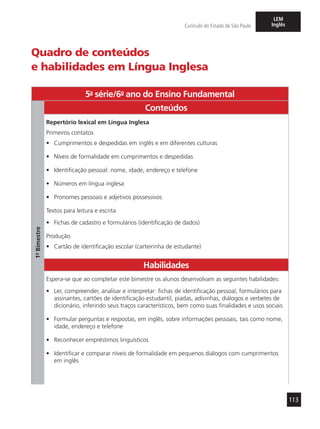 113
Currículo do Estado de São Paulo
LEM
Inglês
Quadro de conteúdos
e habilidades em Língua Inglesa
5a
- série/6o
- ano do Ensino Fundamental
1º-Bimestre
Conteúdos
Repertório lexical em Língua Inglesa
Primeiros contatos
•	 Cumprimentos e despedidas em inglês e em diferentes culturas
•	 Níveis de formalidade em cumprimentos e despedidas
•	 Identificação pessoal: nome, idade, endereço e telefone
•	 Números em língua inglesa
•	 Pronomes pessoais e adjetivos possessivos
Textos para leitura e escrita
•	 Fichas de cadastro e formulários (identificação de dados)
Produção
•	 Cartão de identificação escolar (carteirinha de estudante)
Habilidades
Espera-se que ao completar este bimestre os alunos desenvolvam as seguintes habilidades:
•	 Ler, compreender, analisar e interpretar: fichas de identificação pessoal, formulários para
assinantes, cartões de identificação estudantil, piadas, adivinhas, diálogos e verbetes de
dicionário, inferindo seus traços característicos, bem como suas finalidades e usos sociais
•	 Formular perguntas e respostas, em inglês, sobre informações pessoais, tais como nome,
idade, endereço e telefone
•	 Reconhecer empréstimos linguísticos
•	 Identificar e comparar níveis de formalidade em pequenos diálogos com cumprimentos
em inglês
 