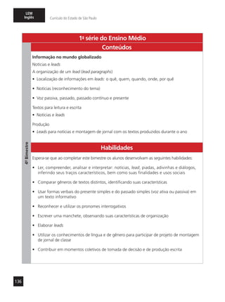 136
LEM
Inglês Currículo do Estado de São Paulo
1a
- série do Ensino Médio
4º-Bimestre
Conteúdos
Informação no mundo globalizado
Notícias e leads
A organização de um lead (lead paragraphs)
•	 Localização de informações em leads: o quê, quem, quando, onde, por quê
•	 Notícias (reconhecimento do tema)
•	 Voz passiva, passado, passado contínuo e presente
Textos para leitura e escrita
•	 Notícias e leads
Produção
•	 Leads para notícias e montagem de jornal com os textos produzidos durante o ano
Habilidades
Espera-se que ao completar este bimestre os alunos desenvolvam as seguintes habilidades:
•	 Ler, compreender, analisar e interpretar: notícias, lead, piadas, adivinhas e diálogos,
inferindo seus traços característicos, bem como suas finalidades e usos sociais
•	 Comparar gêneros de textos distintos, identificando suas características
•	 Usar formas verbais do presente simples e do passado simples (voz ativa ou passiva) em
um texto informativo
•	 Reconhecer e utilizar os pronomes interrogativos
•	 Escrever uma manchete, observando suas características de organização
•	 Elaborar leads
•	 Utilizar os conhecimentos de língua e de gênero para participar de projeto de montagem
de jornal de classe
•	 Contribuir em momentos coletivos de tomada de decisão e de produção escrita
 