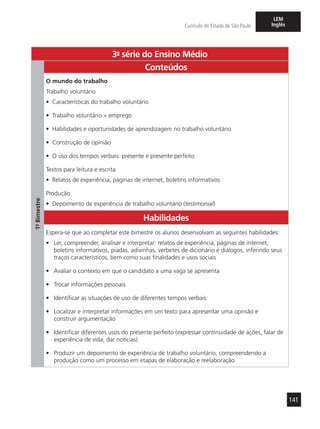 141
Currículo do Estado de São Paulo
LEM
Inglês
3a
- série do Ensino Médio
1º-Bimestre
Conteúdos
O mundo do trabalho
Trabalho voluntário
•	 Características do trabalho voluntário
•	 Trabalho voluntário × emprego
•	 Habilidades e oportunidades de aprendizagem no trabalho voluntário
•	 Construção de opinião
•	 O uso dos tempos verbais: presente e presente perfeito
Textos para leitura e escrita
•	 Relatos de experiência, páginas de internet, boletins informativos
Produção
•	 Depoimento de experiência de trabalho voluntário (testimonial)
Habilidades
Espera-se que ao completar este bimestre os alunos desenvolvam as seguintes habilidades:
•	 Ler, compreender, analisar e interpretar: relatos de experiência, páginas de internet,
boletins informativos, piadas, adivinhas, verbetes de dicionário e diálogos, inferindo seus
traços característicos, bem como suas finalidades e usos sociais
•	 Avaliar o contexto em que o candidato a uma vaga se apresenta
•	 Trocar informações pessoais
•	 Identificar as situações de uso de diferentes tempos verbais
•	 Localizar e interpretar informações em um texto para apresentar uma opinião e
construir argumentação
•	 Identificar diferentes usos do presente perfeito (expressar continuidade de ações, falar de
experiência de vida, dar notícias)
•	 Produzir um depoimento de experiência de trabalho voluntário, compreendendo a
produção como um processo em etapas de elaboração e reelaboração
 