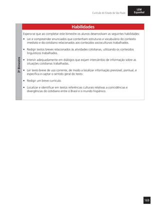 169
Currículo do Estado de São Paulo
LEM
Espanhol
Habilidades
3º-Bimestre
Espera-se que ao completar este bimestre os alunos desenvolvam as seguintes habilidades:
•	 Ler e compreender enunciados que contenham estruturas e vocabulário do contexto
imediato e do cotidiano relacionados aos conteúdos socioculturais trabalhados.
•	 Redigir textos breves relacionados às atividades cotidianas, utilizando os conteúdos
linguísticos trabalhados.
•	 Intervir adequadamente em diálogos que exijam intercâmbio de informação sobre as
situações cotidianas trabalhadas.
•	 Ler texto breve de uso corrente, de modo a localizar informação previsível, pontual, e
específica e captar o sentido geral do texto.
•	 Redigir um breve currículo.
•	 Localizar e identificar em textos referências culturais relativas a coincidências e
divergências do cotidiano entre o Brasil e o mundo hispânico.
 