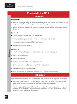 176
LEM
Espanhol Currículo do Estado de São Paulo
2ª série do Ensino Médio
3º-Bimestre
Conteúdos
Socioculturais
•	 Sentidos culturais e sociais de fatos passados e atuais e suas possíveis consequências nas
relações sociais, formas de comportamento e na linguagem.
•	 Modos de abordar questões de natureza histórica, social e de fazer referência à palavra
do outro.
Funcionais
•	 Expressão da obrigatoriedade e da necessidade.
•	 Fórmulas próprias para solicitar e conceder permissão e autorização.
•	 Fórmulas para expressar possibilidades e desejos.
•	 A citação e o discurso referido.
Linguísticos
•	 Complementos verbais (pronomes complementos átonos e duplicações).
•	 Discurso direto e indireto.
•	 Contraste hablar/decir.
•	 Emprego das construções passivas e impessoais.
•	 Formas nominais do verbo: gerúndio, infinitivo e particípio.
•	 Orações exclamativas e desiderativas.
•	 Léxico relacionado aos conteúdos socioculturais e funcionais trabalhados.
Habilidades
Espera-se que ao completar este bimestre os alunos desenvolvam as seguintes habilidades:
•	 Identificar, em textos orais e escritos, referências culturais de modo a captar o sentido
geral, tendo em vista as nuances de intencionalidade presentes neles.
•	 Intervir adequadamente em diálogos relativos aos conteúdos socioculturais e funcionais
tratados, de modo a expor, com clareza, ideias pessoais, planos e argumentos simples,
reformular enunciados e/ou parafraseá-los.
 