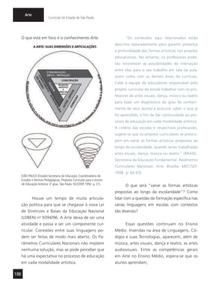 188
Arte
Currículo do Estado de São Paulo
O que está em foco é o conhecimento Arte.
[SÃO PAULO (Estado) Secretaria da Educação. Coordenadoria de
Estudos e Normas Pedagógicas. Proposta Curricular para o ensino
de Educação Artística: 2o
grau. São Paulo: SE/CENP, 1992. p. 31].
Houve um tempo de muita articula-
ção política para que se chegasse à nova Lei
de Diretrizes e Bases da Educação Nacional
(LDBEN) no
9394/96. A Arte deixa de ser uma
atividade e passa a ser um componente cur-
ricular. Conexões entre suas linguagens po-
dem ser feitas de modo mais aberto. Os Pa-
râmetros Curriculares Nacionais não impõem
nenhuma solução, mas se pode perceber que
há uma expectativa no processo de educação
em cada modalidade artística.
“Os conteúdos aqui relacionados estão
descritos separadamente para garantir presença
e profundidade das formas artísticas nos projetos
educacionais. No entanto, os professores pode-
rão reconhecer as possibilidades de interseção
entre elas para o seu trabalho em sala de aula,
assim como com as demais áreas do currículo.
Cabe à equipe de educadores responsável pelo
projeto curricular da escola trabalhar com os pro-
fessores de artes visuais, dança, música ou teatro
para fazer um diagnóstico do grau de conheci-
mento de seus alunos e procurar saber o que já
foi aprendido, a fim de dar continuidade ao pro-
cesso de educação em cada modalidade artística.
A critério das escolas e respectivos professores,
sugere-se que os projetos curriculares se preocu-
pem em variar as formas artísticas propostas ao
longo da escolaridade, quando serão trabalhadas
artes visuais, dança, música ou teatro.” (BRASIL.
Secretaria da Educação Fundamental. Parâmetros
Curriculares Nacionais: Arte. Brasília: MEC/SEF,
1998. p. 62-63).
O que será “variar as formas artísticas
propostas ao longo da escolaridade”? Como
lidar com a questão da formação específica nas
várias linguagens em escolas com contextos
tão diversos?
Essas questões continuam no Ensino
Médio. Inseridas na área de Linguagens, Có-
digos e suas Tecnologias, aparecem, além de
música, artes visuais, dança e teatro, as artes
audiovisuais. Entre as competências gerais
em Arte no Ensino Médio, espera-se que os
alunos aprendam,
 