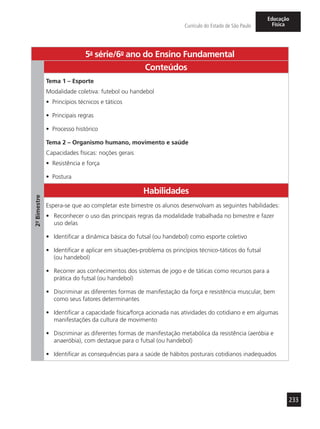 233
Currículo do Estado de São Paulo
Educação
Física
5a
- série/6o
- ano do Ensino Fundamental
2º-Bimestre
Conteúdos
Tema 1 – Esporte
Modalidade coletiva: futebol ou handebol
•	 Princípios técnicos e táticos
•	 Principais regras
•	 Processo histórico
Tema 2 – Organismo humano, movimento e saúde
Capacidades físicas: noções gerais
•	 Resistência e força
•	 Postura
Habilidades
Espera-se que ao completar este bimestre os alunos desenvolvam as seguintes habilidades:
•	 Reconhecer o uso das principais regras da modalidade trabalhada no bimestre e fazer
uso delas
•	 Identificar a dinâmica básica do futsal (ou handebol) como esporte coletivo
•	 Identificar e aplicar em situações-problema os princípios técnico-táticos do futsal
(ou handebol)
•	 Recorrer aos conhecimentos dos sistemas de jogo e de táticas como recursos para a
prática do futsal (ou handebol)
•	 Discriminar as diferentes formas de manifestação da força e resistência muscular, bem
como seus fatores determinantes
•	 Identificar a capacidade física/força acionada nas atividades do cotidiano e em algumas
manifestações da cultura de movimento
•	 Discriminar as diferentes formas de manifestação metabólica da resistência (aeróbia e
anaeróbia), com destaque para o futsal (ou handebol)
•	 Identificar as consequências para a saúde de hábitos posturais cotidianos inadequados
 