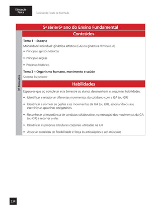 234
Educação
Física Currículo do Estado de São Paulo
5a
- série/6o
- ano do Ensino Fundamental
3º-Bimestre
Conteúdos
Tema 1 – Esporte
Modalidade individual: ginástica artística (GA) ou ginástica rítmica (GR)
•	 Principais gestos técnicos
•	 Principais regras
•	 Processo histórico
Tema 2 – Organismo humano, movimento e saúde
Sistema locomotor
Habilidades
Espera-se que ao completar este bimestre os alunos desenvolvam as seguintes habilidades:
•	 Identificar e relacionar diferentes movimentos do cotidiano com a GA (ou GR)
•	 Identificar e nomear os gestos e os movimentos da GA (ou GR), associando-os aos
exercícios e aparelhos obrigatórios
•	 Reconhecer a importância de condutas colaborativas na execução dos movimentos da GA
(ou GR) e recorrer a elas
•	 Identificar as próprias estruturas corporais utilizadas na GR
•	 Associar exercícios de flexibilidade e força às articulações e aos músculos
 