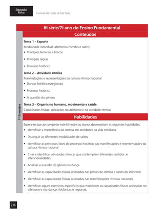 236
Educação
Física Currículo do Estado de São Paulo
6a
- série/7o
- ano do Ensino Fundamental
1º-Bimestre
Conteúdos
Tema 1 – Esporte
Modalidade individual: atletismo (corridas e saltos)
•	 Princípios técnicos e táticos
•	 Principais regras
•	 Processo histórico
Tema 2 – Atividade rítmica
Manifestações e representações da cultura rítmica nacional
•	 Danças folclóricas/regionais
•	 Processo histórico
•	 A questão do gênero
Tema 3 – Organismo humano, movimento e saúde
Capacidades físicas: aplicações no atletismo e na atividade rítmica
Habilidades
Espera-se que ao completar este bimestre os alunos desenvolvam as seguintes habilidades:
•	 Identificar a importância da corrida em atividades da vida cotidiana
•	 Distinguir as diferentes modalidades de saltos
•	 Identificar as principais fases do processo histórico das manifestações e representações da
cultura rítmica nacional
•	 Criar e identificar atividades rítmicas que contemplem diferentes sentidos e
intencionalidades
•	 Analisar a questão do gênero na dança
•	 Identificar as capacidades físicas acionadas nas provas de corrida e saltos do atletismo
•	 Identificar as capacidades físicas acionadas nas manifestações rítmicas nacionais
•	 Identificar alguns exercícios específicos que mobilizam as capacidades físicas acionadas no
atletismo e nas danças folclóricas e regionais
 