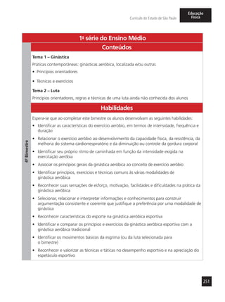 251
Currículo do Estado de São Paulo
Educação
Física
1a
- série do Ensino Médio
4º-Bimestre
Conteúdos
Tema 1 – Ginástica
Práticas contemporâneas: ginásticas aeróbica, localizada e/ou outras
•	 Princípios orientadores
•	 Técnicas e exercícios
Tema 2 – Luta
Princípios orientadores, regras e técnicas de uma luta ainda não conhecida dos alunos
Habilidades
Espera-se que ao completar este bimestre os alunos desenvolvam as seguintes habilidades:
•	 Identificar as características do exercício aeróbio, em termos de intensidade, frequência e
duração
•	 Relacionar o exercício aeróbio ao desenvolvimento da capacidade física, da resistência, da
melhoria do sistema cardiorrespiratório e da diminuição ou controle da gordura corporal
•	 Identificar seu próprio ritmo de caminhada em função da intensidade exigida na
exercitação aeróbia
•	 Associar os princípios gerais da ginástica aeróbica ao conceito de exercício aeróbio
•	 Identificar princípios, exercícios e técnicas comuns às várias modalidades de
ginástica aeróbica
•	 Reconhecer suas sensações de esforço, motivação, facilidades e dificuldades na prática da
ginástica aeróbica
•	 Selecionar, relacionar e interpretar informações e conhecimentos para construir
argumentação consistente e coerente que justifique a preferência por uma modalidade de
ginástica
•	 Reconhecer características do esporte na ginástica aeróbica esportiva
•	 Identificar e comparar os princípios e exercícios da ginástica aeróbica esportiva com a
ginástica aeróbica tradicional
•	 Identificar os movimentos básicos da esgrima (ou da luta selecionada para
o bimestre)
•	 Reconhecer e valorizar as técnicas e táticas no desempenho esportivo e na apreciação do
espetáculo esportivo
 