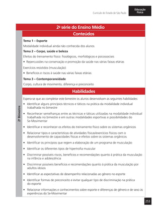 253
Currículo do Estado de São Paulo
Educação
Física
2a
- série do Ensino Médio
2º-Bimestre
Conteúdos
Tema 1 – Esporte
Modalidade individual ainda não conhecida dos alunos
Tema 2 – Corpo, saúde e beleza
Efeitos do treinamento físico: fisiológicos, morfológicos e psicossociais
•	 Repercussões na conservação e promoção da saúde nas várias faixas etárias
Exercícios resistidos (musculação)
•	 Benefícios e riscos à saúde nas várias faixas etárias
Tema 3 – Contemporaneidade
Corpo, cultura de movimento, diferença e preconceito
Habilidades
Espera-se que ao completar este bimestre os alunos desenvolvam as seguintes habilidades:
•	 Identificar alguns princípios técnicos e táticos na prática da modalidade individual
trabalhada no bimestre
•	 Reconhecer semelhanças entre as técnicas e táticas utilizadas na modalidade individual
trabalhada no bimestre e em outras modalidades esportivas e possibilidades do
Se-Movimentar
•	 Identificar e reconhecer os efeitos do treinamento físico sobre os sistemas orgânicos
•	 Relacionar tipos e características de atividades físicas/exercícios físicos com o
desenvolvimento de capacidades físicas e efeitos sobre os sistemas orgânicos
•	 Identificar os princípios que regem a elaboração de um programa de musculação
•	 Identificar os diferentes tipos de hipertrofia muscular
•	 Discriminar possíveis riscos, benefícios e recomendações quanto à prática da musculação
na infância e adolescência
•	 Discriminar possíveis benefícios e recomendações quanto à prática da musculação por
adultos idosos
•	 Identificar as expectativas de desempenho relacionadas ao gênero no esporte
•	 Identificar formas de preconceito e evitar qualquer tipo de discriminação na prática
do esporte
•	 Relacionar informações e conhecimentos sobre esporte e diferenças de gênero e de sexo às
experiências do Se-Movimentar
 
