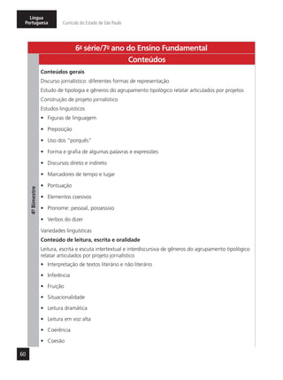60
Língua
Portuguesa Currículo do Estado de São Paulo
6a
- série/7o
- ano do Ensino Fundamental
4º-Bimestre
Conteúdos
Conteúdos gerais
Discurso jornalístico: diferentes formas de representação
Estudo de tipologia e gêneros do agrupamento tipológico relatar articulados por projetos
Construção de projeto jornalístico
Estudos linguísticos
•	 Figuras de linguagem
•	 Preposição
•	 Uso dos “porquês”
•	 Forma e grafia de algumas palavras e expressões
•	 Discursos direto e indireto
•	 Marcadores de tempo e lugar
•	 Pontuação
•	 Elementos coesivos
•	 Pronome: pessoal, possessivo
•	 Verbos do dizer
Variedades linguísticas
Conteúdo de leitura, escrita e oralidade
Leitura, escrita e escuta intertextual e interdiscursiva de gêneros do agrupamento tipológico
relatar articulados por projeto jornalístico
•	 Interpretação de textos literário e não literário
•	 Inferência
•	 Fruição
•	 Situacionalidade
•	 Leitura dramática
•	 Leitura em voz alta
•	 Coerência
•	 Coesão
 