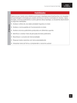 65
Currículo do Estado de São Paulo
Língua
Portuguesa
2º-Bimestre
Habilidades
Espera-se que, tendo como referência principal a tipologia prescritiva/injuntiva, em situações
de aprendizagem orientadas por projetos de leitura e escrita e centradas em receitas, regras
de jogos, anúncios publicitários e outros gêneros dessa tipologia, os estudantes desenvolvam
as seguintes habilidades:
•	 Analisar o efeito de uma dada variedade linguística no texto
•	 Analisar a norma-padrão em funcionamento no texto
•	 Analisar anúncios publicitários produzidos em diferentes suportes
•	 Identificar e analisar níveis de persuasão do texto publicitário
•	 Reconhecer o conceito de intencionalidade
•	 Pesquisar textos coerentes com tema preestabelecido
•	 Interpretar texto de forma a compreender o raciocínio autoral
 