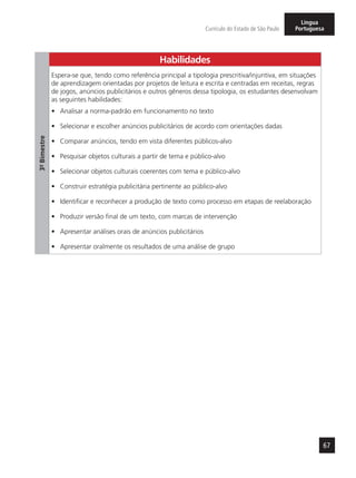 67
Currículo do Estado de São Paulo
Língua
Portuguesa
3º-Bimestre
Habilidades
Espera-se que, tendo como referência principal a tipologia prescritiva/injuntiva, em situações
de aprendizagem orientadas por projetos de leitura e escrita e centradas em receitas, regras
de jogos, anúncios publicitários e outros gêneros dessa tipologia, os estudantes desenvolvam
as seguintes habilidades:
•	 Analisar a norma-padrão em funcionamento no texto
•	 Selecionar e escolher anúncios publicitários de acordo com orientações dadas
•	 Comparar anúncios, tendo em vista diferentes públicos-alvo
•	 Pesquisar objetos culturais a partir de tema e público-alvo
•	 Selecionar objetos culturais coerentes com tema e público-alvo
•	 Construir estratégia publicitária pertinente ao público-alvo
•	 Identificar e reconhecer a produção de texto como processo em etapas de reelaboração
•	 Produzir versão final de um texto, com marcas de intervenção
•	 Apresentar análises orais de anúncios publicitários
•	 Apresentar oralmente os resultados de uma análise de grupo
 