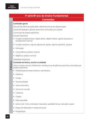 68
Língua
Portuguesa Currículo do Estado de São Paulo
7a
- série/8o
- ano do Ensino Fundamental
4º-Bimestre
Conteúdos
Conteúdos gerais
Discurso da esfera da publicidade: diferentes formas de representação
Estudo de tipologia e gêneros prescritivos articulados por projetos
Construção de projeto publicitário
Estudos linguísticos
•	 Funções complementares: objeto direto, objeto indireto, agente da passiva e
complemento nominal
•	 Funções acessórias: adjunto adnominal, aposto, adjunto adverbial, vocativo
•	 Pontuação
•	 Concordâncias verbal e nominal
•	 Regências verbal e nominal
Variedades linguísticas
Conteúdo de leitura, escrita e oralidade
Leitura, escrita e escuta intertextual e interdiscursiva de gêneros prescritivos articulados por
projeto publicitário
•	 Interpretação de textos literário e não literário
•	 Inferência
•	 Fruição
•	 Situacionalidade
•	 Leitura dramática
•	 Leitura em voz alta
•	 Coerência
•	 Coesão
•	 Informatividade
•	 Leitura oral: ritmo, entonação, respiração, qualidade da voz, elocução e pausa
•	 Etapas de elaboração e revisão da escrita
•	 Paragrafação
 