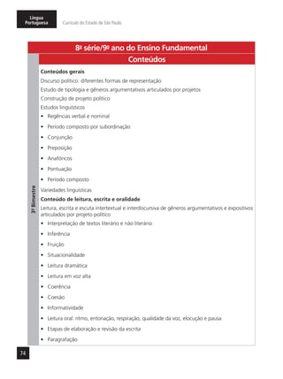 74
Língua
Portuguesa Currículo do Estado de São Paulo
8a
- série/9o
- ano do Ensino Fundamental
3º-Bimestre
Conteúdos
Conteúdos gerais
Discurso político: diferentes formas de representação
Estudo de tipologia e gêneros argumentativos articulados por projetos
Construção de projeto político
Estudos linguísticos
•	 Regências verbal e nominal
•	 Período composto por subordinação
•	 Conjunção
•	 Preposição
•	 Anafóricos
•	 Pontuação
•	 Período composto
Variedades linguísticas
Conteúdo de leitura, escrita e oralidade
Leitura, escrita e escuta intertextual e interdiscursiva de gêneros argumentativos e expositivos
articulados por projeto político
•	 Interpretação de textos literário e não literário
•	 Inferência
•	 Fruição
•	 Situacionalidade
•	 Leitura dramática
•	 Leitura em voz alta
•	 Coerência
•	 Coesão
•	 Informatividade
•	 Leitura oral: ritmo, entonação, respiração, qualidade da voz, elocução e pausa
•	 Etapas de elaboração e revisão da escrita
•	 Paragrafação
 
