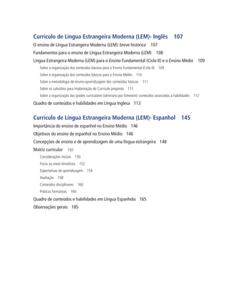 Currículo de Língua Estrangeira Moderna (LEM)- Inglês 107
O ensino de Língua Estrangeira Moderna (LEM): breve histórico 107
Fundamentos para o ensino de Língua Estrangeira Moderna (LEM) 108
Língua Estrangeira Moderna (LEM) para o Ensino Fundamental (Ciclo II) e o Ensino Médio 109
Sobre a organização dos conteúdos básicos para o Ensino Fundamental (Ciclo II) 109
Sobre a organização dos conteúdos básicos para o Ensino Médio 110
Sobre a metodologia de ensino-aprendizagem dos conteúdos básicos 111
Sobre os subsídios para implantação do Currículo proposto 111
Sobre a organização das grades curriculares (série/ano por bimestre): conteúdos associados a habilidades 112
Quadro de conteúdos e habilidades em Língua Inglesa 113
Currículo de Língua Estrangeira Moderna (LEM)- Espanhol 145
Importância do ensino de espanhol no Ensino Médio 146
Objetivos do ensino de espanhol no Ensino Médio 146
Concepções de ensino e de aprendizagem de uma língua estrangeira 148
Matriz curricular 150
Considerações iniciais 150
Focos ou eixos temáticos 152
Expectativas de aprendizagem 154
Avaliação 158
Conteúdos disciplinares 160
Práticas formativas 160
Quadro de conteúdos e habilidades em Língua Espanhola 165
Observações gerais 185
 