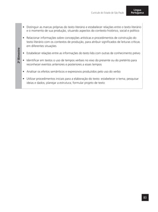 83
Currículo do Estado de São Paulo
Língua
Portuguesa
2º-Bimestre
•	 Distinguir as marcas próprias do texto literário e estabelecer relações entre o texto literário
e o momento de sua produção, situando aspectos do contexto histórico, social e político
•	 Relacionar informações sobre concepções artísticas e procedimentos de construção do
texto literário com os contextos de produção, para atribuir significados de leituras críticas
em diferentes situações
•	 Estabelecer relações entre as informações do texto lido com outras de conhecimento prévio
•	 Identificar em textos o uso de tempos verbais no eixo do presente ou do pretérito para
reconhecer eventos anteriores e posteriores a esses tempos
•	 Analisar os efeitos semânticos e expressivos produzidos pelo uso do verbo
•	 Utilizar procedimentos iniciais para a elaboração do texto: estabelecer o tema; pesquisar
ideias e dados; planejar a estrutura; formular projeto de texto
 