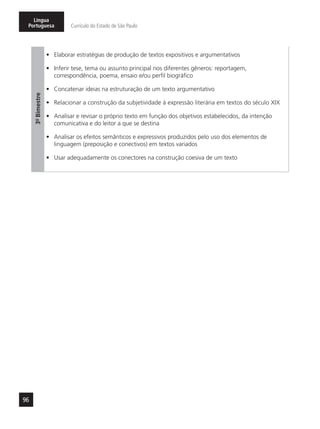 96
Língua
Portuguesa Currículo do Estado de São Paulo
3º-Bimestre
•	 Elaborar estratégias de produção de textos expositivos e argumentativos
•	 Inferir tese, tema ou assunto principal nos diferentes gêneros: reportagem,
correspondência, poema, ensaio e/ou perfil biográfico
•	 Concatenar ideias na estruturação de um texto argumentativo
•	 Relacionar a construção da subjetividade à expressão literária em textos do século XIX
•	 Analisar e revisar o próprio texto em função dos objetivos estabelecidos, da intenção
comunicativa e do leitor a que se destina
•	 Analisar os efeitos semânticos e expressivos produzidos pelo uso dos elementos de
linguagem (preposição e conectivos) em textos variados
•	 Usar adequadamente os conectores na construção coesiva de um texto
 