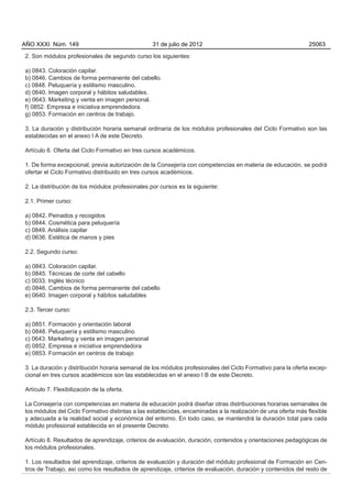 AÑO XXXI Núm. 149                                31 de julio de 2012                                         25063

2. Son módulos profesionales de segundo curso los siguientes:

a) 0843. Coloración capilar.
b) 0846. Cambios de forma permanente del cabello.
c) 0848. Peluquería y estilismo masculino.
d) 0640. Imagen corporal y hábitos saludables.
e) 0643. Marketing y venta en imagen personal.
f) 0852. Empresa e iniciativa emprendedora.
g) 0853. Formación en centros de trabajo.

3. La duración y distribución horaria semanal ordinaria de los módulos profesionales del Ciclo Formativo son las
establecidas en el anexo I A de este Decreto.

Artículo 6. Oferta del Ciclo Formativo en tres cursos académicos.

1. De forma excepcional, previa autorización de la Consejería con competencias en materia de educación, se podrá
ofertar el Ciclo Formativo distribuido en tres cursos académicos.

2. La distribución de los módulos profesionales por cursos es la siguiente:

2.1. Primer curso:

a) 0842. Peinados y recogidos
b) 0844. Cosmética para peluquería
c) 0849. Análisis capilar
d) 0636. Estética de manos y pies

2.2. Segundo curso:

a) 0843. Coloración capilar.
b) 0845. Técnicas de corte del cabello
c) 0033. Inglés técnico
d) 0846. Cambios de forma permanente del cabello
e) 0640. Imagen corporal y hábitos saludables

2.3. Tercer curso:

a) 0851. Formación y orientación laboral
b) 0848. Peluquería y estilismo masculino
c) 0643. Marketing y venta en imagen personal
d) 0852. Empresa e iniciativa emprendedora
e) 0853. Formación en centros de trabajo

3. La duración y distribución horaria semanal de los módulos profesionales del Ciclo Formativo para la oferta excep-
cional en tres cursos académicos son las establecidas en el anexo I B de este Decreto.

Artículo 7. Flexibilización de la oferta.

La Consejería con competencias en materia de educación podrá diseñar otras distribuciones horarias semanales de
los módulos del Ciclo Formativo distintas a las establecidas, encaminadas a la realización de una oferta más flexible
y adecuada a la realidad social y económica del entorno. En todo caso, se mantendrá la duración total para cada
módulo profesional establecida en el presente Decreto.

Artículo 8. Resultados de aprendizaje, criterios de evaluación, duración, contenidos y orientaciones pedagógicas de
los módulos profesionales.

1. Los resultados del aprendizaje, criterios de evaluación y duración del módulo profesional de Formación en Cen-
tros de Trabajo, así como los resultados de aprendizaje, criterios de evaluación, duración y contenidos del resto de
 