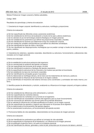 AÑO XXXI Núm. 149                                31 de julio de 2012                                            25098

Módulo Profesional: Imagen corporal y hábitos saludables.

Código: 0640

Resultados de aprendizaje y criterios de evaluación.

1. Caracteriza la imagen corporal, identificando su estructura, morfología y proporciones.

Criterios de evaluación:

a) Se han especificado las diferentes zonas y posiciones anatómicas.
b) Se han establecido los términos de localización a través de los ejes y planos anatómicos.
c) Se ha valorado el uso de terminología anatomo-fisiológica en imagen personal.
d) Se han establecido los parámetros que definen las proporciones corporales y faciales.
e) Se han identificado los factores que determinan el tipo de constitución corporal.
f) Se han medido las variables antropométricas que definen los diferentes somatotipos.
g) Se han identificado los tipos de rostro y facciones.
h) Se han identificado las desproporciones morfológicas que se pueden corregir a través de las técnicas de pelu-
quería y estética.

2. Caracteriza los sistemas y aparatos corporales, describiendo su estructura, funcionamiento y alteraciones rela-
cionadas con la imagen personal.

Criterios de evaluación:

a) Se ha establecido la estructura jerárquica del organismo.
b) Se ha caracterizado la anatomía del aparato circulatorio.
c) Se han especificado las funciones de la sangre y la linfa.
d) Se han identificado la anatomía y fisiología del aparato respiratorio.
e) Se ha especificado la estructura de los músculos y los huesos que permiten el movimiento.
f) Se han establecido los tipos de movimiento corporales.
g) Se han identificado los principales grupos musculares.
h) Se ha relacionado la morfología del pie y de la mano con los tratamientos de manicura y pedicura.
i) Se ha determinado la influencia de las hormonas en el órgano cutáneo.
j) Se ha identificado el mecanismo del sistema nervioso como coordinador y controlador del medio interno y ex-
terno.

3. Identifica pautas de alimentación y nutrición, analizando su influencia en la imagen corporal y el órgano cutáneo.

Criterios de evaluación:

a) Se han establecido las diferencias entre alimentación y nutrición.
b) Se han especificado los nutrientes básicos.
c) Se han relacionado los nutrientes con su función en el organismo.
d) Se han identificado las necesidades nutritivas del organismo para su buen funcionamiento.
e) Se han reconocido los alimentos que forman parte de la pirámide alimenticia.
f) Se ha valorado la influencia de una dieta equilibrada en la salud y en la imagen corporal.
g) Se han especificado los aparatos y órganos que intervienen en el proceso de la digestión.
h) Se ha determinado el funcionamiento del aparato digestivo.
i) Se ha caracterizado la estructura y el funcionamiento del aparato excretor.

4. Promociona hábitos de vida saludables, relacionándolos con los procesos de imagen personal.

Criterios de evaluación:

a) Se han identificado los parámetros que definen el concepto de vida saludable.
b) Se ha especificado la importancia de la hidratación y su influencia en la imagen personal.
c) Se ha justificado el ejercicio físico y el sueño en el aspecto personal.
d) Se han identificado los efectos, generales y sobre la piel, producidos por el consumo de tabaco y alcohol.
 