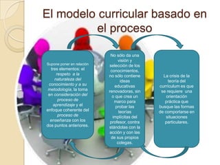 El modelo curricular basado en
el proceso
La crisis de la
teoría del
currículum es que
se requiere una
orientación
práctica que
busque las formas
de comportarse en
situaciones
particulares.
Supone poner en relación
tres elementos: el
respeto a la
naturaleza del
conocimiento y a su
metodología, la toma
en consideración del
proceso de
aprendizaje y el
enfoque coherente del
proceso de
enseñanza con los
dos puntos anteriores.
No sólo da una
visión y
selección de los
conocimientos,
no sólo contiene
ideas
educativas
renovadoras, sin
o que crea un
marco para
probar las
teorías
implícitas del
profesor, contra
stándolas con la
acción y con las
de sus propios
colegas.
 