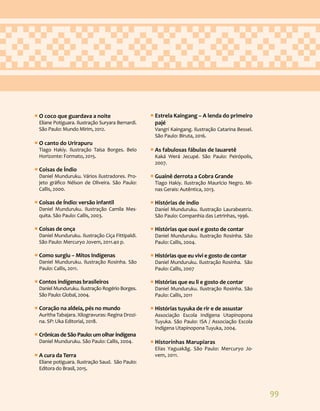 99
ƒ
ƒ O coco que guardava a noite
Eliane Potiguara. Ilustração Suryara Bernardi.
São Paulo: Mundo Mirim, 2012.
ƒ
ƒ O canto do Urirapuru
Tiago Hakiy. Ilustração Taísa Borges. Belo
Horizonte: Formato, 2015.
ƒ
ƒ Coisas de Índio
Daniel Munduruku. Vários ilustradores. Pro-
jeto gráfico Nélson de Oliveira. São Paulo:
Callis, 2000.
ƒ
ƒ Coisas de Índio: versão infantil
Daniel Munduruku. Ilustração Camila Mes-
quita. São Paulo: Callis, 2003.
ƒ
ƒ Coisas de onça
Daniel Munduruku. Ilustração Ciça Fittipaldi.
São Paulo: Mercuryo Jovem, 2011.40 p.
ƒ
ƒ Como surgiu – Mitos Indígenas
Daniel Munduruku. Ilustração Rosinha. São
Paulo: Callis, 2011.
ƒ
ƒ Contos indígenas brasileiros
Daniel Munduruku. Ilustração Rogério Borges.
São Paulo: Global, 2004.
ƒ
ƒ Coração na aldeia, pés no mundo
Auritha Tabajara. Xilogravuras: Regina Drozi-
na. SP: Uka Editorial, 2018.
ƒ
ƒ Crônicas de São Paulo: um olhar indígena
Daniel Munduruku. São Paulo: Callis, 2004.
ƒ
ƒ A cura da Terra
Eliane potiguara. Ilustração Saud. São Paulo:
Editora do Brasil, 2015.
ƒ
ƒ Estrela Kaingang – A lenda do primeiro
pajé
Vangri Kaingang. Ilustração Catarina Bessel.
São Paulo: Biruta, 2016.
ƒ
ƒ As fabulosas fábulas de Iauaretê
Kaká Werá Jecupé. São Paulo: Peirópolis,
2007.
ƒ
ƒ Guainê derrota a Cobra Grande
Tiago Hakiy. Ilustração Maurício Negro. Mi-
nas Gerais: Autêntica, 2013.
ƒ
ƒ Histórias de índio
Daniel Munduruku. Ilustração Laurabeatriz.
São Paulo: Companhia das Letrinhas, 1996.
ƒ
ƒ Histórias que ouvi e gosto de contar
Daniel Munduruku. Ilustração Rosinha. São
Paulo: Callis, 2004.
ƒ
ƒ Histórias que eu vivi e gosto de contar
Daniel Munduruku. Ilustração Rosinha. São
Paulo: Callis, 2007
ƒ
ƒ Histórias que eu li e gosto de contar
Daniel Munduruku. Ilustração Rosinha. São
Paulo: Callis, 2011
ƒ
ƒ Histórias tuyuka de rir e de assustar
Associação Escola Indígena Utapinopona
Tuyuka. São Paulo: ISA / Associação Escola
Indígena Utapinopona Tuyuka, 2004.
ƒ
ƒ Historinhas Marupiaras
Elias Yaguakãg. São Paulo: Mercuryo Jo-
vem, 2011.
 