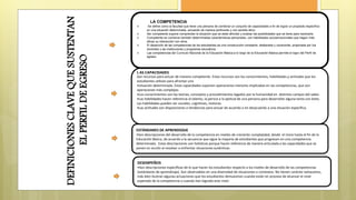 Son recursos para actuar de manera competente. Estos recursos son los conocimientos, habilidades y actitudes que los
estudiantes utilizan para afrontar una
•situación determinada. Estas capacidades suponen operaciones menores implicadas en las competencias, que son
operaciones más complejas.
•Los conocimientos son las teorías, conceptos y procedimientos legados por la humanidad en distintos campos del saber.
•Las habilidades hacen referencia al talento, la pericia o la aptitud de una persona para desarrollar alguna tarea con éxito.
Las habilidades pueden ser sociales, cognitivas, motoras.
•Las actitudes son disposiciones o tendencias para actuar de acuerdo o en desacuerdo a una situación específica.
ESTÁNDARES DE APRENDIZAJE
•Son descripciones del desarrollo de la competencia en niveles de creciente complejidad, desde el inicio hasta el fin de la
Educación Básica, de acuerdo a la secuencia que sigue la mayoría de estudiantes que progresan en una competencia
determinada. Estas descripciones son holísticas porque hacen referencia de manera articulada a las capacidades que se
ponen en acción al resolver o enfrentar situaciones auténticas.
DESEMPEÑOS
•Son descripciones específicas de lo que hacen los estudiantes respecto a los niveles de desarrollo de las competencias
(estándares de aprendizaje). Son observables en una diversidad de situaciones o contextos. No tienen carácter exhaustivo,
más bien ilustran algunas actuaciones que los estudiantes demuestran cuando están en proceso de alcanzar el nivel
esperado de la competencia o cuando han logrado este nivel.
DEFINICIONESCLAVEQUESUSTENTAN
ELPERFILDEEGRESO
LA COMPETENCIA
 Se define como la facultad que tiene una persona de combinar un conjunto de capacidades a fin de lograr un propósito específico
en una situación determinada, actuando de manera pertinente y con sentido ético.
 Ser competente supone comprender la situación que se debe afrontar y evaluar las posibilidades que se tiene para resolverla.
 Competente es combinar también determinadas características personales, con habilidades socioemocionales que hagan más
eficaz su interacción con otros.
 El desarrollo de las competencias de los estudiantes es una construcción constante, deliberada y consciente, propiciada por los
docentes y las instituciones y programas educativos.
 Las competencias del Currículo Nacional de la Educación Básica a lo largo de la Educación Básica permite el logro del Perfil de
egreso.
L AS CAPACIDADES
 