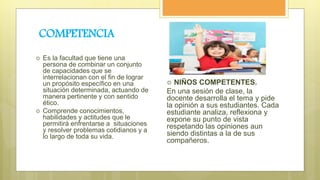 COMPETENCIA
 Es la facultad que tiene una
persona de combinar un conjunto
de capacidades que se
interrelacionan con el fin de lograr
un propósito específico en una
situación determinada, actuando de
manera pertinente y con sentido
ético.
 Comprende conocimientos,
habilidades y actitudes que le
permitirá enfrentarse a situaciones
y resolver problemas cotidianos y a
lo largo de toda su vida.
 NIÑOS COMPETENTES.
En una sesión de clase, la
docente desarrolla el tema y pide
la opinión a sus estudiantes. Cada
estudiante analiza, reflexiona y
expone su punto de vista
respetando las opiniones aun
siendo distintas a la de sus
compañeros.
 