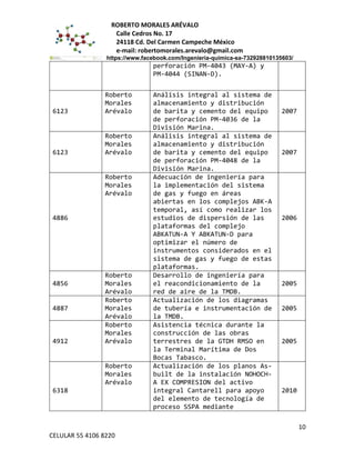 ROBERTO MORALES ARÉVALO
Calle Cedros No. 17
24118 Cd. Del Carmen Campeche México
e-mail: robertomorales.arevalo@gmail.com
https://www.facebook.com/Ingenieria-quimica-sa-732928810135603/
perforación PM-4043 (MAY-A) y
PM-4044 (SINAN-D).
6123
Roberto
Morales
Arévalo
Análisis integral al sistema de
almacenamiento y distribución
de barita y cemento del equipo
de perforación PM-4036 de la
División Marina.
2007
6123
Roberto
Morales
Arévalo
Análisis integral al sistema de
almacenamiento y distribución
de barita y cemento del equipo
de perforación PM-4048 de la
División Marina.
2007
4886
Roberto
Morales
Arévalo
Adecuación de ingeniería para
la implementación del sistema
de gas y fuego en áreas
abiertas en los complejos ABK-A
temporal, así como realizar los
estudios de dispersión de las
plataformas del complejo
ABKATUN-A Y ABKATUN-D para
optimizar el número de
instrumentos considerados en el
sistema de gas y fuego de estas
plataformas.
2006
4856
Roberto
Morales
Arévalo
Desarrollo de ingeniería para
el reacondicionamiento de la
red de aire de la TMDB.
2005
4887
Roberto
Morales
Arévalo
Actualización de los diagramas
de tubería e instrumentación de
la TMDB.
2005
4912
Roberto
Morales
Arévalo
Asistencia técnica durante la
construcción de las obras
terrestres de la GTDH RMSO en
la Terminal Marítima de Dos
Bocas Tabasco.
2005
6318
Roberto
Morales
Arévalo
Actualización de los planos As-
built de la instalación NOHOCH-
A EX COMPRESION del activo
integral Cantarell para apoyo
del elemento de tecnología de
proceso SSPA mediante
2010
10
CELULAR 55 4106 8220
 