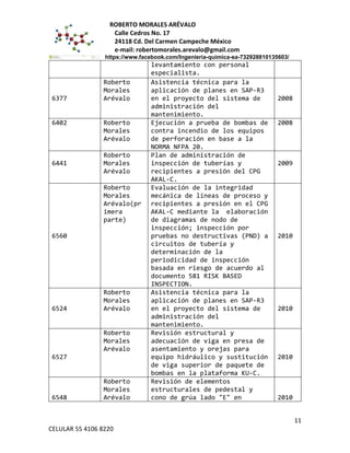 ROBERTO MORALES ARÉVALO
Calle Cedros No. 17
24118 Cd. Del Carmen Campeche México
e-mail: robertomorales.arevalo@gmail.com
https://www.facebook.com/Ingenieria-quimica-sa-732928810135603/
levantamiento con personal
especialista.
6377
Roberto
Morales
Arévalo
Asistencia técnica para la
aplicación de planes en SAP-R3
en el proyecto del sistema de
administración del
mantenimiento.
2008
6402 Roberto
Morales
Arévalo
Ejecución a prueba de bombas de
contra incendio de los equipos
de perforación en base a la
NORMA NFPA 20.
2008
6441
Roberto
Morales
Arévalo
Plan de administración de
inspección de tuberías y
recipientes a presión del CPG
AKAL-C.
2009
6560
Roberto
Morales
Arévalo(pr
imera
parte)
Evaluación de la integridad
mecánica de líneas de proceso y
recipientes a presión en el CPG
AKAL-C mediante la elaboración
de diagramas de nodo de
inspección; inspección por
pruebas no destructivas (PND) a
circuitos de tubería y
determinación de la
periodicidad de inspección
basada en riesgo de acuerdo al
documento 581 RISK BASED
INSPECTION.
2010
6524
Roberto
Morales
Arévalo
Asistencia técnica para la
aplicación de planes en SAP-R3
en el proyecto del sistema de
administración del
mantenimiento.
2010
6527
Roberto
Morales
Arévalo
Revisión estructural y
adecuación de viga en presa de
asentamiento y orejas para
equipo hidráulico y sustitución
de viga superior de paquete de
bombas en la plataforma KU-C.
2010
6548
Roberto
Morales
Arévalo
Revisión de elementos
estructurales de pedestal y
cono de grúa lado "E" en 2010
11
CELULAR 55 4106 8220
 