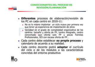 CONDICIONANTES DEL PROCESO DE
REVISIÓN/ELABORACIÓN
Diferentes procesos de elaboración/revisión de
los PC en cada centro en 2010-11:
No es lo mismo implantar un ciclo nuevo por primera vez
que tener ya experiencia de implantación de otros
Variedad en el grado de complejidad organizativa de los
centros: tamaño y oferta de FP, centro integrado, centro
concertado que oferta solo FP y pocas Familias
Profesionales, IES con escasa oferta de FP…
Cada centro debe establecer su propio proceso y
calendario de acuerdo a su realidad.
Cada centro docente podrá adaptar el currículo
del ciclo o de los módulos a las características
concretas del entorno productivo
 