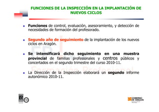 FUNCIONES DE LA INSPECCIÓN EN LA IMPLANTACIÓN DE
NUEVOS CICLOS
Funciones de control, evaluación, asesoramiento, y detección de
necesidades de formación del profesorado.
Segundo año de seguimiento de la implantación de los nuevos
ciclos en Aragón.
Se intensificará dicho seguimiento en una muestra
provincial de familias profesionales y centros públicos y
concertados en el segundo trimestre del curso 2010-11.
La Dirección de la Inspección elaborará un segundo informe
autonómico 2010-11.
 