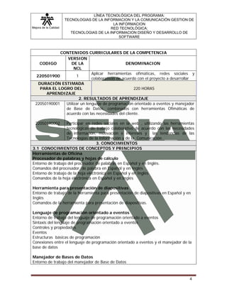 Mejora de la Calidad
LÍNEA TECNOLÓGICA DEL PROGRAMA:
TECNOLOGIAS DE LA INFORMACION Y LA COMUNICACIÓN GESTION DE
LA INFORMACION
RED TECNOLÓGICA:
TECNOLOGIAS DE LA INFORMACION DISEÑO Y DESARROLLO DE
SOFTWARE
4
CONTENIDOS CURRICULARES DE LA COMPETENCIA
CODIGO
VERSION
DE LA
NCL
DENOMINACION
220501900 1
Aplicar herramientas ofimáticas, redes sociales y
colaborativas de acuerdo con el proyecto a desarrollar
DURACIÓN ESTIMADA
PARA EL LOGRO DEL
APRENDIZAJE
220 HORAS
2. RESULTADOS DE APRENDIZAJE
22050190001
22050190002
Utilizar un lenguaje de programación orientado a eventos y manejador
de Base de Datos, combinados con herramientas Ofimáticas de
acuerdo con las necesidades del cliente.
Participar en redes sociales en la web , utilizando las herramientas
tecnológicas de trabajo colaborativo de acuerdo con las necesidades
de información, motivación e intereses y las tendencias de las
Tecnologías de la Información y de la Comunicación
3. CONOCIMIENTOS
3.1 CONOCIMIENTOS DE CONCEPTOS Y PRINCIPIOS
Herramientas de Oficina
Procesador de palabras y hojas de cálculo
Entorno de trabajo del procesador de palabras en Español y en Inglés.
Comandos del procesador de palabra en Español y en Inglés
Entorno de trabajo de la hoja electrónica en Español y en Inglés
Comandos de la hoja electrónica en Español y en Inglés
Herramienta para presentación de diapositivas
Entorno de trabajo de la herramienta para presentación de diapositivas en Español y en
Inglés
Comandos de la herramienta para presentación de diapositivas.
Lenguaje de programación orientado a eventos
Entorno de trabajo del lenguaje de programación orientado a eventos
Sintaxis del lenguaje de programación orientado a eventos
Controles y propiedades
Eventos
Estructuras básicas de programación
Conexiones entre el lenguaje de programación orientado a eventos y el manejador de la
base de datos
Manejador de Bases de Datos
Entorno de trabajo del manejador de Base de Datos
 