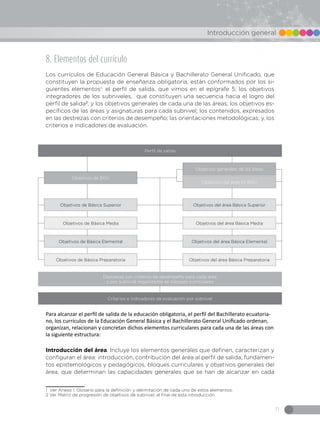 11
Introducción general
8. Elementos del currículo
Los currículos de Educación General Básica y Bachillerato General Unificado, que
constituyen la propuesta de enseñanza obligatoria, están conformados por los si-
guientes elementos1
: el perfil de salida, que vimos en el epígrafe 5; los objetivos
integradores de los subniveles, que constituyen una secuencia hacia el logro del
perfil de salida2
, y los objetivos generales de cada una de las áreas; los objetivos es-
pecíficos de las áreas y asignaturas para cada subnivel; los contenidos, expresados
en las destrezas con criterios de desempeño; las orientaciones metodológicas; y, los
criterios e indicadores de evaluación.
Para alcanzar el perfil de salida de la educación obligatoria, el perfil del Bachillerato ecuatoria-
no, los currículos de la Educación General Básica y el Bachillerato General Unificado ordenan,
organizan, relacionan y concretan dichos elementos curriculares para cada una de las áreas con
la siguiente estructura:
Introducción del área. Incluye los elementos generales que definen, caracterizan y
configuran el área: introducción, contribución del área al perfil de salida, fundamen-
tos epistemológicos y pedagógicos, bloques curriculares y objetivos generales del
área, que determinan las capacidades generales que se han de alcanzar en cada
1 Ver Anexo I: Glosario para la definición y delimitación de cada uno de estos elementos.
2 Ver Matriz de progresión de objetivos de subnivel, al final de esta introducción.
Perfil de salida
Criterios e indicadores de evaluación por subnivel
Destrezas con criterios de desempeño para cada área
y por subnivel organizadas en bloques curriculares
Objetivos de BGU
Objetivos de Básica Superior
Objetivos de Básica Media
Objetivos de Básica Elemental
Objetivos de Básica Preparatoria
Objetivos del área Básica Superior
Objetivos del área Básica Media
Objetivos del área Básica Elemental
Objetivos del área Básica Preparatoria
Objetivos generales de las áreas
Objetivos del área en BGU
 