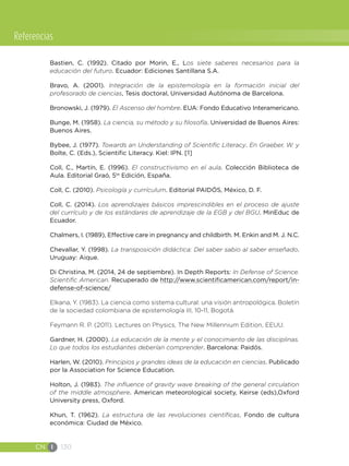 CN I 130
Bastien, C. (1992). Citado por Morin, E., Los siete saberes necesarios para la
educación del futuro. Ecuador: Ediciones Santillana S.A.
Bravo, A. (2001). Integración de la epistemología en la formación inicial del
profesorado de ciencias, Tesis doctoral, Universidad Autónoma de Barcelona.
Bronowski, J. (1979). El Ascenso del hombre. EUA: Fondo Educativo Interamericano.
Bunge, M. (1958). La ciencia, su método y su filosofía. Universidad de Buenos Aires:
Buenos Aires.
Bybee, J. (1977). Towards an Understanding of Scientific Literacy. En Graeber, W. y
Bolte, C. (Eds.), Scientific Literacy. Kiel: IPN. [1]
Coll, C., Martín, E. (1996). El constructivismo en el aula. Colección Biblioteca de
Aula. Editorial Graó, 5ta
Edición, España.
Coll, C. (2010). Psicología y currículum. Editorial PAIDÓS, México, D. F.
Coll, C. (2014). Los aprendizajes básicos imprescindibles en el proceso de ajuste
del currículo y de los estándares de aprendizaje de la EGB y del BGU. MinEduc de
Ecuador.
Chalmers, I. (1989), Effective care in pregnancy and childbirth. M. Enkin and M. J. N.C.
Chevallar, Y. (1998). La transposición didáctica: Del saber sabio al saber enseñado.
Uruguay: Aique.
Di Christina, M. (2014, 24 de septiembre). In Depth Reports: In Defense of Science.
Scientific American. Recuperado de http://www.scientificamerican.com/report/in-
defense-of-science/
Elkana, Y. (1983). La ciencia como sistema cultural: una visión antropológica. Boletín
de la sociedad colombiana de epistemología III, 10-11, Bogotá.
Feymann R. P. (2011). Lectures on Physics, The New Millennium Edition, EEUU.
Gardner, H. (2000). La educación de la mente y el conocimiento de las disciplinas.
Lo que todos los estudiantes deberían comprender. Barcelona: Paidós.
Harlen, W. (2010). Principios y grandes ideas de la educación en ciencias. Publicado
por la Association for Science Education.
Holton, J. (1983). The influence of gravity wave breaking of the general circulation
of the middle atmosphere. American meteorological society, Keirse (eds),Oxford
University press, Oxford.
Khun, T. (1962). La estructura de las revoluciones científicas. Fondo de cultura
económica: Ciudad de México.
Referencias
 