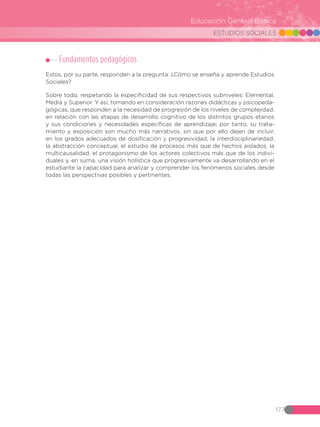 ESTUDIOS SOCIALES
177
Educación General Básica
Fundamentos pedagógicos
Estos, por su parte, responden a la pregunta: ¿Cómo se enseña y aprende Estudios
Sociales?
Sobre todo, respetando la especificidad de sus respectivos subniveles: Elemental,
Media y Superior. Y así, tomando en consideración razones didácticas y psicopeda-
gógicas, que responden a la necesidad de progresión de los niveles de complejidad,
en relación con las etapas de desarrollo cognitivo de los distintos grupos etarios
y sus condiciones y necesidades específicas de aprendizaje; por tanto, su trata-
miento y exposición son mucho más narrativos, sin que por ello dejen de incluir,
en los grados adecuados de dosificación y progresividad, la interdisciplinariedad,
la abstracción conceptual, el estudio de procesos más que de hechos aislados, la
multicausalidad, el protagonismo de los actores colectivos más que de los indivi-
duales y, en suma, una visión holística que progresivamente va desarrollando en el
estudiante la capacidad para analizar y comprender los fenómenos sociales desde
todas las perspectivas posibles y pertinentes.
 