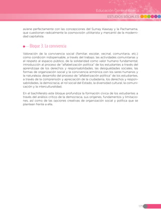 ESTUDIOS SOCIALES
179
Educación General Básica
aviene perfectamente con las concepciones del Sumay Kawsay y la Pachamama,
que cuestionan radicalmente la cosmovisión utilitarista y mercantil de la moderni-
dad capitalista.
Bloque 3. La convivencia
Valoración de la convivencia social (familiar, escolar, vecinal, comunitaria, etc.)
como condición indispensable, a través del trabajo, las actividades comunitarias y
el respeto al espacio público, de la solidaridad como valor humano fundamental;
introducción al proceso de “alfabetización política” de los estudiantes a través del
aprendizaje de los derechos y responsabilidades, las desigualdades sociales, las
formas de organización social y la convivencia armónica con los seres humanos y
la naturaleza; desarrollo del proceso de “alfabetización política” de los estudiantes,
a través de la comprensión y apreciación de la ciudadanía, los derechos y respon-
sabilidades, la democracia, el rol social del Estado, la diversidad cultural, la comuni-
cación y la interculturalidad.
En el bachillerato este bloque profundiza la formación cívica de los estudiantes a
través del análisis crítico de la democracia, sus orígenes, fundamentos y limitacio-
nes, así como de las opciones creativas de organización social y política que se
plantean frente a ella.
 