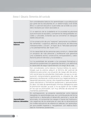 IN 18
Anexo I. Glosario: Elementos del currículo
Aprendizajes
básicos
Son considerados básicos los aprendizajes cuya adquisición
por parte de los estudiantes en un determinado nivel (EGB,
BGU) o subnivel educativo (subniveles de la EGB) se consi-
dera necesaria por estar asociados a:
(i) un ejercicio de la ciudadanía en la sociedad ecuatoriana
que promueva la equidad y compense las desigualdades so-
ciales y culturales, evitando que se conviertan en desigual-
dades educativas;
(ii) la consecución de una “madurez” personal en sus diferen-
tes vertientes —cognitiva, afectiva, emocional, de relaciones
interpersonales y social—, el logro de la “felicidad personal”
y los planteamientos del “buen vivir”;
(iii) la capacidad de las personas para construir y desarrollar
un proyecto de vida personal y profesional que garantice
una ciudadanía activa, constructiva, enriquecedora y satis-
factoria para el individuo y la sociedad; y
(iv) la posibilidad de acceder a los procesos formativos y
educativos posteriores con garantías de éxito y, en definitiva,
la capacidad de seguir aprendiendo a lo largo de la vida.
Aprendizajes
básicos
imprescindibles
Son considerados como básicos imprescindibles los apren-
dizajes que es preciso adquirir al término del subnivel de
referencia para evitar una situación de riesgo alto de exclu-
sión social para los estudiantes implicados, ya que su no ad-
quisición comprometería gravemente su proyecto de vida
personal y profesional, condicionaría muy negativamente su
desarrollo personal y social y les impediría acceder a los pro-
cesos educativos y formativos posteriores y aprovecharlos.
Es decir, se trata de aprendizajes mínimos obligatorios para
la promoción escolar, ya que, si no se logran en los niveles
en los que se promueven, son muy difíciles de alcanzar en
momentos posteriores.
Aprendizajes
básicos deseables
En contraposición, se propone caracterizar como básicos
deseables los aprendizajes que, aun contribuyendo de forma
significativa y destacada al desarrollo personal y social del
alumnado, no comportan los riesgos ni tienen las implicacio-
nes negativas de los anteriores en caso de no alcanzarse en
los niveles educativos de referencia; además, son aprendiza-
jes que pueden lograrse o “recuperarse” con relativa facili-
dad en momentos posteriores.
 