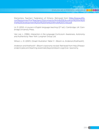 ENGLISH AS A FOREIGN LANGUAGE
285
Introduction
Elementary Teachers’ Federation of Ontario. Retrieved from http://www.etfo.
ca/Resources/ForTeachers/Documents/Arts%20Education%20for%20
the%20Development%20of%20the%20Whole%20Child.pdf.
Ur, P. (2012). A course in English language teaching (2nd
ed.). Cambridge, UK: Cam-
bridge University Press.
Van Lier, L. (1996). Interaction in the Language Curriculum: Awareness, Autonomy
and Authenticity. New York: Longman Group Ltd.
Wilson, L. O. (2001). [Graph illustration Table 1.1 – Bloom vs. Anderson/Krathwohl].
Anderson and Krathwohl – Bloom’s taxonomy revised. Retrieved from http://thesec-
ondprinciple.com/teaching-essentials/beyond-bloom-cognitive- taxonomy.
 