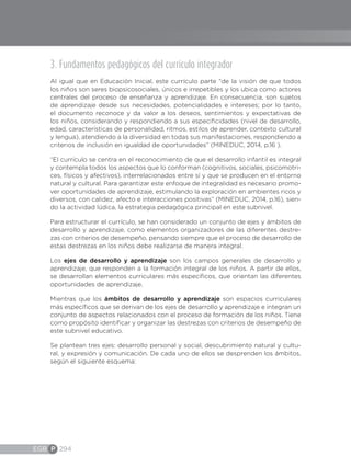 EGB P 294
3. Fundamentos pedagógicos del currículo integrador
Al igual que en Educación Inicial, este currículo parte “de la visión de que todos
los niños son seres biopsicosociales, únicos e irrepetibles y los ubica como actores
centrales del proceso de enseñanza y aprendizaje. En consecuencia, son sujetos
de aprendizaje desde sus necesidades, potencialidades e intereses; por lo tanto,
el documento reconoce y da valor a los deseos, sentimientos y expectativas de
los niños, considerando y respondiendo a sus especificidades (nivel de desarrollo,
edad, características de personalidad, ritmos, estilos de aprender, contexto cultural
y lengua), atendiendo a la diversidad en todas sus manifestaciones, respondiendo a
criterios de inclusión en igualdad de oportunidades” (MINEDUC, 2014, p.16 ).
“El currículo se centra en el reconocimiento de que el desarrollo infantil es integral
y contempla todos los aspectos que lo conforman (cognitivos, sociales, psicomotri-
ces, físicos y afectivos), interrelacionados entre sí y que se producen en el entorno
natural y cultural. Para garantizar este enfoque de integralidad es necesario promo-
ver oportunidades de aprendizaje, estimulando la exploración en ambientes ricos y
diversos, con calidez, afecto e interacciones positivas” (MINEDUC, 2014, p.16), sien-
do la actividad lúdica, la estrategia pedagógica principal en este subnivel.
Para estructurar el currículo, se han considerado un conjunto de ejes y ámbitos de
desarrollo y aprendizaje, como elementos organizadores de las diferentes destre-
zas con criterios de desempeño, pensando siempre que el proceso de desarrollo de
estas destrezas en los niños debe realizarse de manera integral.
Los ejes de desarrollo y aprendizaje son los campos generales de desarrollo y
aprendizaje, que responden a la formación integral de los niños. A partir de ellos,
se desarrollan elementos curriculares más específicos, que orientan las diferentes
oportunidades de aprendizaje.
Mientras que los ámbitos de desarrollo y aprendizaje son espacios curriculares
más específicos que se derivan de los ejes de desarrollo y aprendizaje e integran un
conjunto de aspectos relacionados con el proceso de formación de los niños. Tiene
como propósito identificar y organizar las destrezas con criterios de desempeño de
este subnivel educativo.
Se plantean tres ejes: desarrollo personal y social, descubrimiento natural y cultu-
ral, y expresión y comunicación. De cada uno de ellos se desprenden los ámbitos,
según el siguiente esquema:
 