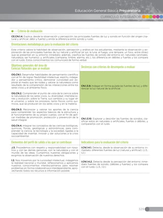329
CURRICULO INTEGRADOR
Educación General Básica Preparatoria
Criterio de evaluación
CE.CN.1.4. Explica, desde la observación y percepción, las principales fuentes de luz y sonido en función del origen (na-
tural y artificial, débil y fuerte) y emite la diferencia entre sonido y ruido.
Orientaciones metodológicas para la evaluación del criterio
Este criterio valora la habilidad de observación, percepción y análisis en los estudiantes, mediante la observación y ex-
ploración de las principales fuentes de luz natural y artificial (el sol, la luna, el fuego, una lámpara, un foco, entre otras)
que se presentan en su entorno inmediato; además, clasifica las fuentes de sonido del entorno en: naturales (animales,
naturaleza, ser humano); y, artificiales (campana, timbre, alarma, etc.), los diferencia en débiles y fuertes y los compara
con el ruido. Estos conocimientos los comunicará de forma verbal.
Objetivos generales del área de
Ciencias Naturales que se evalúan
Destrezas con criterios de desempeño a evaluar
OG.CN.1. Desarrollar habilidades de pensamiento científico
con el fin de lograr flexibilidad intelectual, espíritu indaga-
dor y pensamiento crítico, demostrar curiosidad por ex-
plorar el medio que les rodea y valorar la naturaleza como
resultado de la comprensión de las interacciones entre los
seres vivos y el ambiente físico.
OG.CN.2. Comprender el punto de vista de la ciencia sobre
la naturaleza de los seres vivos, su diversidad, interrelacio-
nes y evolución; sobre la Tierra, sus cambios y su lugar en
el universo, y sobre los procesos, tanto físicos como quí-
micos, que se producen en los seres vivos y en la materia.
OG.CN.3. Reconocer y valorar los aportes de la ciencia
para comprender los aspectos básicos de la estructura y
el funcionamiento de su propio cuerpo, con el fin de apli-
car medidas de promoción, protección y prevención de la
salud integral.
OG.CN.4. Integrar los conceptos de las ciencias biológicas,
químicas, físicas, geológicas y astronómicas, para com-
prender la ciencia, la tecnología y la sociedad, ligadas a la
capacidad de inventar, innovar y dar soluciones a la crisis
socioambiental.
CN.1.3.9. Indagar en forma guiada las fuentes de luz, y dife-
renciar la luz natural de la artificial.
CN.1.3.10. Explorar y describir las fuentes de sonidos, cla-
sificar estos en naturales o artificiales, fuertes o débiles, y
compararlos con el ruido.
Elementos del perfil de salida a los que se contribuye Indicadores para la evaluación del criterio
J.3. Procedemos con respeto y responsabilidad con noso-
tros y con las demás personas, con la naturaleza y con el
mundo de las ideas. Cumplimos nuestras obligaciones y
exigimos la observación de nuestros derechos.
I.2. Nos movemos por la curiosidad intelectual, indagamos
la realidad nacional y mundial, reflexionamos y aplicamos
nuestros conocimientos interdisciplinarios para resolver
problemas en forma colaborativa e interdependiente, apro-
vechando todos los recursos e información posible.
I.CN.1.4.1. Detecta, desde la observación de su entorno in-
mediato, diferentes fuentes de luz (natural y artificial). (J.3.,
I.2.)
I.CN.1.4.2. Detecta desde la percepción del entorno inme-
diato fuentes de sonido, (débiles y fuertes) y los compara
con el ruido. (J.3., I.2.)
 