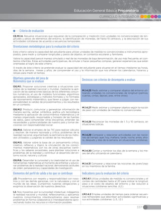 337
CURRICULO INTEGRADOR
Educación General Básica Preparatoria
Criterio de evaluación
CE.M.1.4. Resuelve situaciones que requieran de la comparación y medición (con unidades no convencionales) de lon-
gitudes y pesos de elementos del entorno, la identificación de monedas, de hasta 10 centavos, y la descripción de sus
actividades cotidianas de acuerdo a secuencias temporales.
Orientaciones metodológicas para la evaluación del criterio
Este criterio valora la capacidad del estudiante para utilizar unidades de medida no convencionales e instrumentos apro-
piados, para medir y comparar longitudes y pesos de objetos, en contextos escolares y familiares.
Valora la capacidad para el manejo simulado o real de las monedas de baja denominación, de uso más frecuente, en con-
textos infantiles. Estas actividades participativas, de simular o hacer pequeñas compras, generan experiencias que están
orientadas al logro de este criterio.
A través de este criterio se pretende evaluar la capacidad del estudiante para situarse en el tiempo mediante las horas,
días de la semana , meses y años; de comprender el uso y la información que nos ofrecen los calendarios, horarios y
relojes para medir el tiempo.
Objetivos generales del área de
Matemática que se evalúan
Destrezas con criterios de desempeño a evaluar
OG.M.1. Proponer soluciones creativas a situaciones con-
cretas de la realidad nacional y mundial, mediante la apli-
cación de las operaciones básicas de los diferentes conjun-
tos numéricos, el uso de modelos funcionales, algoritmos
apropiados, estrategias y métodos formales y no formales
de razonamiento matemático, que lleven a juzgar, con res-
ponsabilidad, la validez de procedimientos y los resultados
en un contexto.
OG.M.2. Producir, comunicar y generalizar información de
manera escrita, verbal, simbólica, gráfica y/o tecnológica
mediante la aplicación de conocimientos matemáticos y el
manejo organizado, responsable y honesto de las fuentes
de datos, para comprender otras disciplinas, entender las
necesidades y potencialidades de nuestro país y tomar de-
cisiones con responsabilidad social.
OG.M.4. Valorar el empleo de las TIC para realizar cálculos
y resolver, de manera razonada y crítica, problemas de la
realidad nacional, argumentado la pertinencia de los méto-
dos utilizados y juzgando la validez de los resultados.
OG.M.5. Valorar sobre la base de un pensamiento crítico,
creativo, reflexivo y lógico la vinculación de los conoci-
mientos matemáticos con los de otras disciplinas cientí-
ficas y los saberes ancestrales, para plantear soluciones a
problemas de la realidad y contribuir al desarrollo del en-
torno social, natural y cultural.
OG.M.6. Desarrollar la curiosidad y la creatividad en el uso de
herramientas matemáticas al momento de enfrentar y solucio-
nar problemas de la realidad nacional, demostrando actitudes
de orden, perseverancia y capacidades de investigación.
M.1.4.23 Medir, estimar y comparar objetos del entorno uti-
lizando unidades no convencionales de longitud (palmos,
cuartas, cintas, lápices, pies, entre otras).
M.1.4.27 Medir, estimar y comparar objetos según la noción
de peso con unidades de medida no convencionales.
M.1.4.28 Reconocer las monedas de 1, 5 y 10 centavos, en
situaciones lúdicas.
M.1.4.29 Comparar y relacionar actividades con las nocio-
nes de tiempo: ayer, hoy, mañana, tarde, noche, antes, aho-
ra, después y días de la semana, en situaciones cotidianas.
M.1.4.30 Contar y nombrar los días de la semana y los me-
ses del año utilizando el calendario.
M.1.4.31 Comparar y relacionar las nociones de joven/viejo
en los miembros de la familia.
Elementos del perfil de salida a los que se contribuye Indicadores para la evaluación del criterio
J.3. Procedemos con respeto y responsabilidad con noso-
tros y con las demás personas, con la naturaleza y con el
mundo de las ideas. Cumplimos nuestras obligaciones y
exigimos la observación de nuestros derechos.
I.2. Nos movemos por la curiosidad intelectual, indagamos
la realidad nacional y mundial, reflexionamos y aplicamos
nuestros conocimientos interdisciplinarios para resolver
problemas en forma colaborativa e interdependiente apro-
vechando todos los recursos e información posibles.
I.M.1.4.1 Utiliza unidades de medida no convencionales y el
conteo de cantidades hasta el 20 para indicar la longitud,
peso o el costo de objetos del entorno y dar solución a
situaciones cotidianas sencillas. (I.2.)
I.M.1.4.2 Emplea unidades de tiempo para ordenar secuen-
cias temporales que describan actividades significativas y
sus actividades cotidianas. (J.3., I.2.)
 