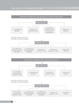 IN 38
¿Qué significan los códigos del currículo?
Estructura de codificación de las destrezas con criterios de desempeño
Estructura de codificación de los criterios de evaluación
La codificación
del área
Las iniciales
de criterio de
evaluación (CE)
Número de
destreza
Número de
criterio
Número de
subnivel o nivel
La codificación
del área
Número de
bloque curricular
(o ámbito en
preparatoria)
Número de
subnivel o nivel
ej.
ej.
CN. 2. 1. 1.
CE. LL. 3. 1.
La codificación
del área (Ciencias
Naturales)
Las iniciales
de criterio de
evaluación (CE)
Número de
destreza
Número de
criterio
La codificación
de la asignatura
(Biología)
La codificación
del área (Ciencias
Naturales)
Número de
bloque curricular
Número de
subnivel o nivel
Número de
subnivel o nivel
La codificación
de la asignatura
(Biología)
ej.
ej.
CN. B. 5. 1. 1.
CE. CN. B. 5. 1.
Para BGU, áreas de Ciencias
Naturales y Ciencias Sociales
Para BGU, áreas de Ciencias
Naturales y Ciencias Sociales
 