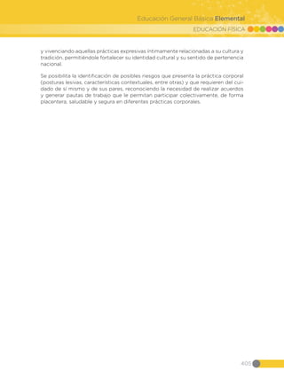 EDUCACIÓN FÍSICA
405
Educación General Básica Elemental
y vivenciando aquellas prácticas expresivas íntimamente relacionadas a su cultura y
tradición, permitiéndole fortalecer su identidad cultural y su sentido de pertenencia
nacional.
Se posibilita la identificación de posibles riesgos que presenta la práctica corporal
(posturas lesivas, características contextuales, entre otras) y que requieren del cui-
dado de sí mismo y de sus pares, reconociendo la necesidad de realizar acuerdos
y generar pautas de trabajo que le permitan participar colectivamente, de forma
placentera, saludable y segura en diferentes prácticas corporales.
 